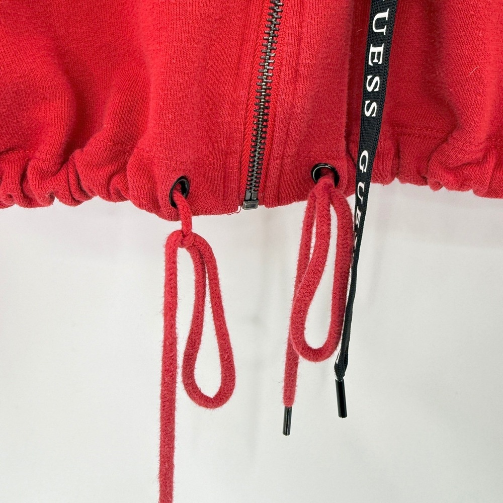 Guess Red Cropped Zip Up Hoodie Long Sleeve Drawstring Hem Logo Graphic Large - Picture 4 of 12